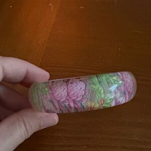Hand-Painted Pink Floral Resin Bangle Bracelet